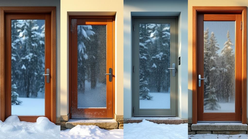 The image shows four different types of door frames, each with a frosted glass panel