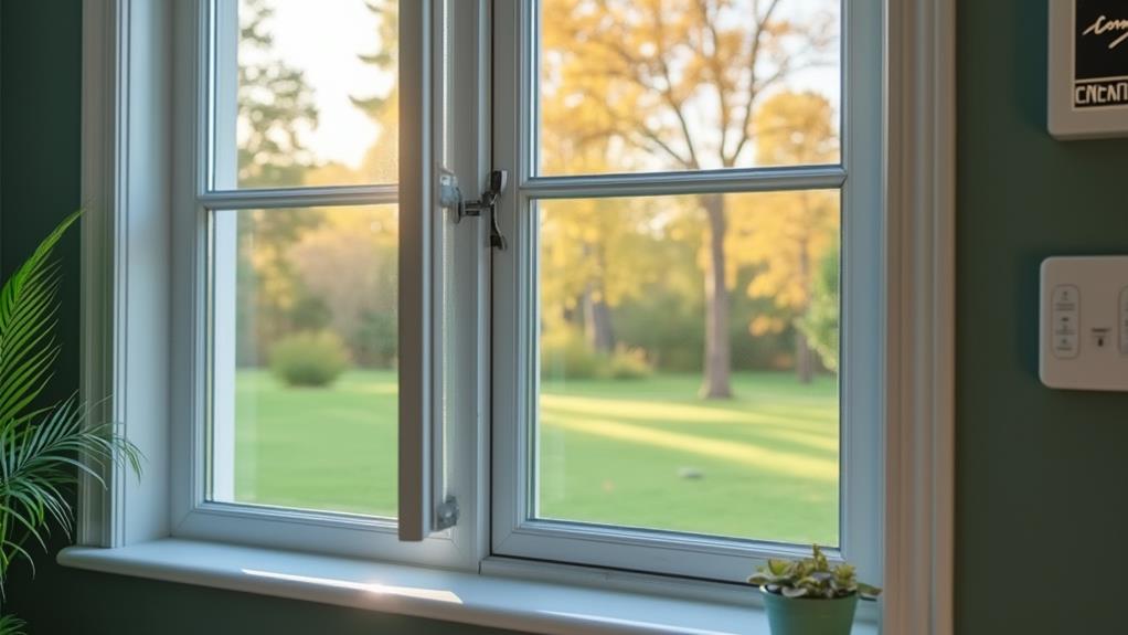 An open window with a view of a green lawn and trees