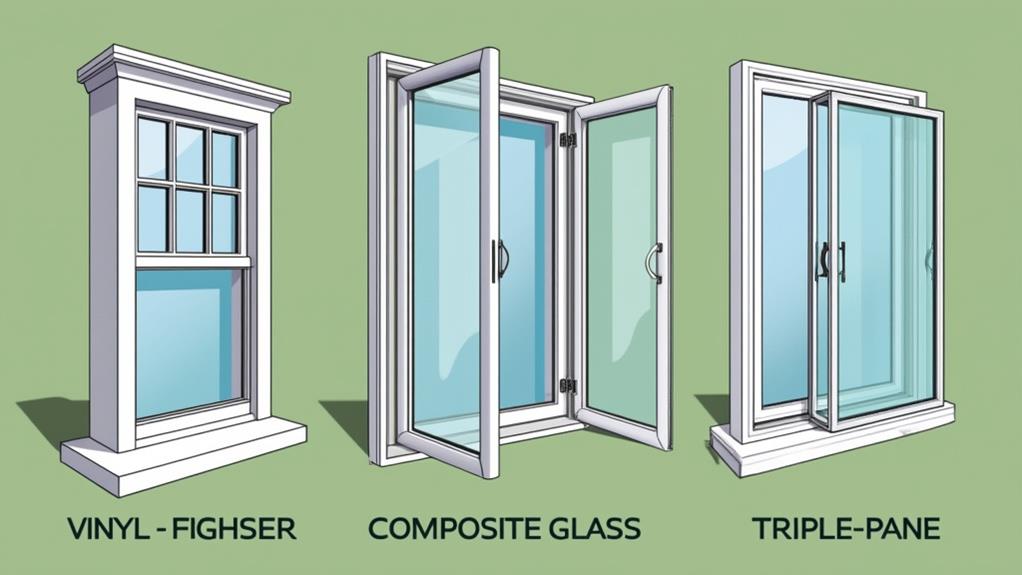 Three different types of energy-efficient windows, including a double-hung vinyl window, a composite glass window, and a triple-pane window.