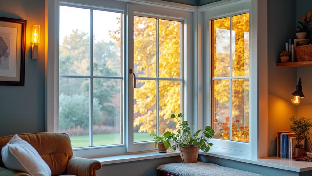 A cozy living room with a bay window showcasing a beautiful autumn landscape.