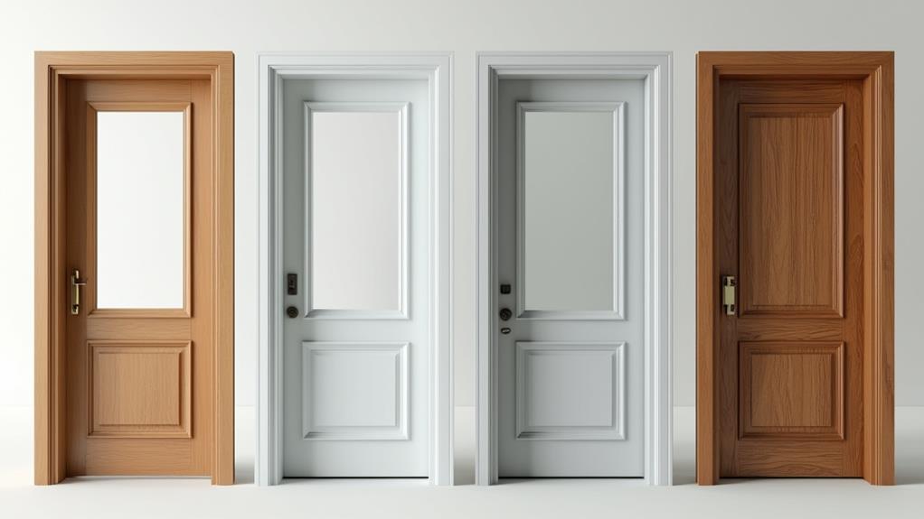 The image shows four different types of door frames, including wood, fiberglass, steel, and PVC.